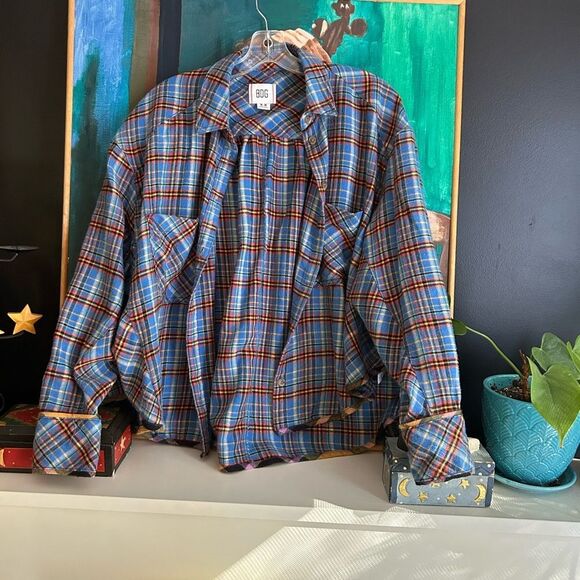 BDG Blue and Orange Boho Plaid Flannel Blouse M - Picture 3 of 15